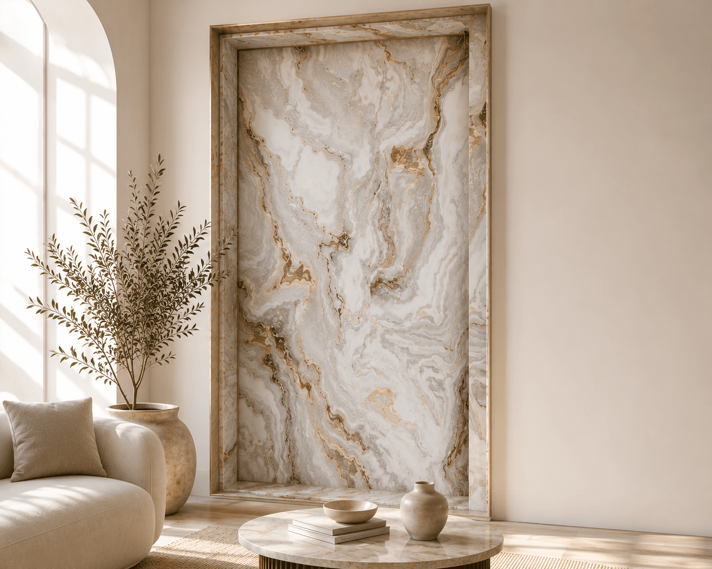 Marble feature wall installation by Studio Arc Interiors